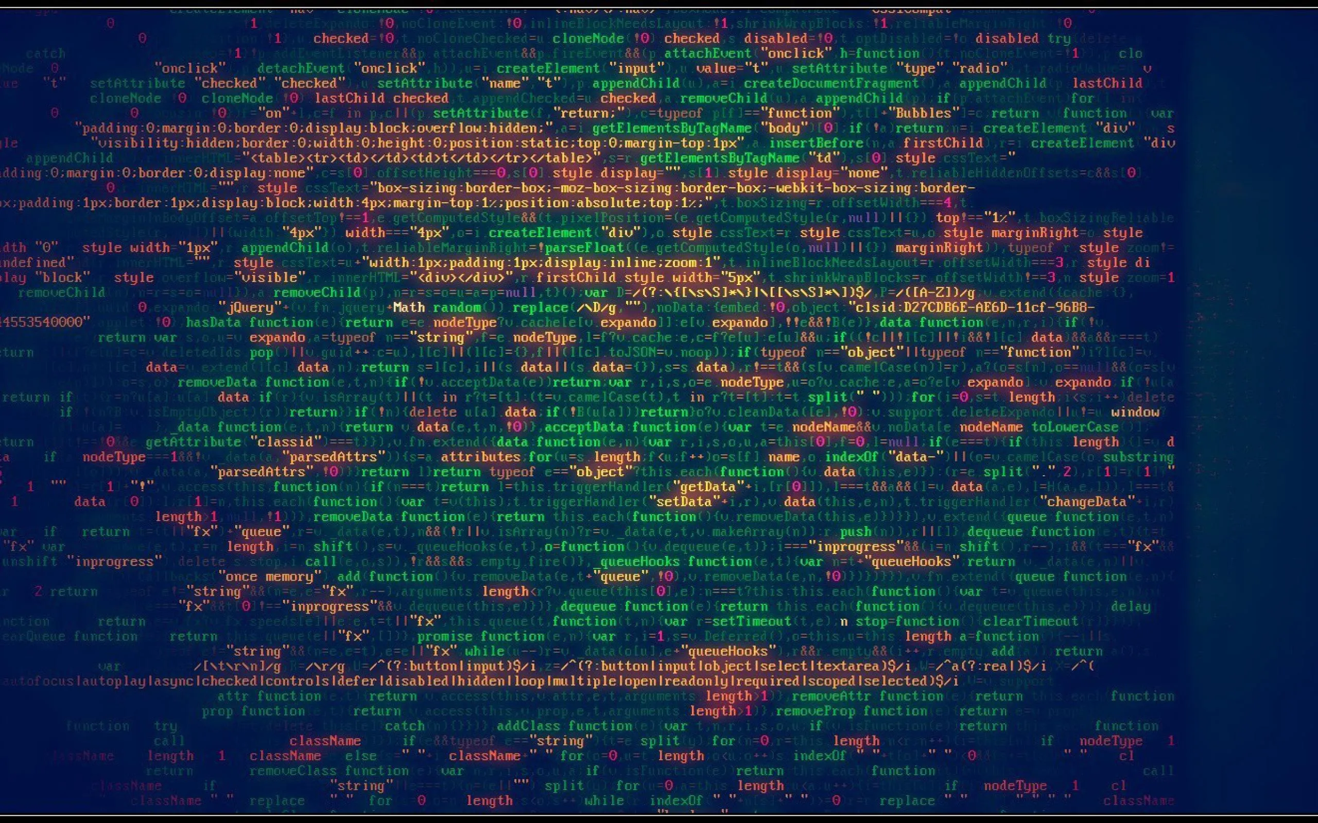 Hacker-like background with green flaky pixels with some HTML and JS code in the foreground